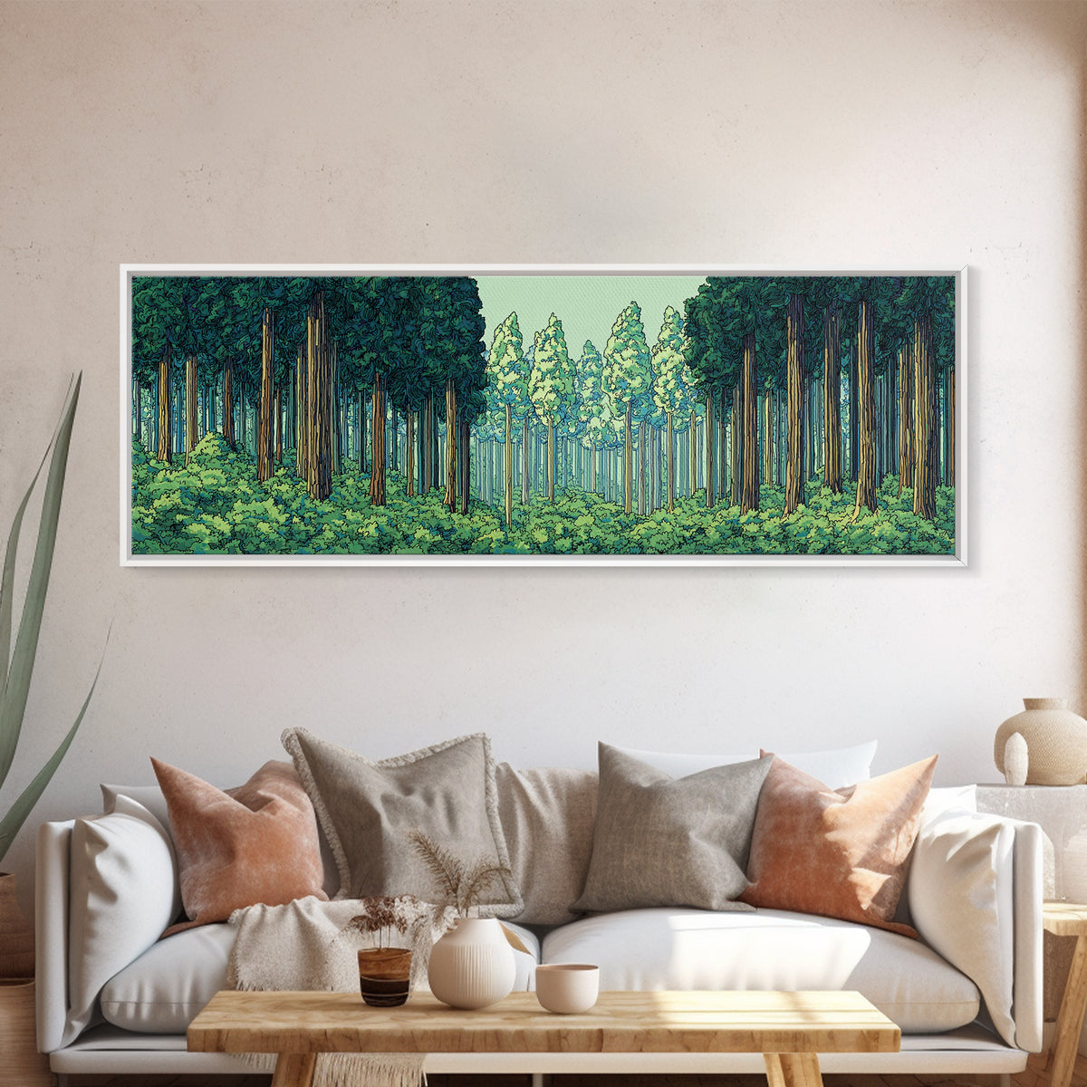 Emerald Forest Path With Tall Pines Framed Canvas Print, Nature Wall Art, Modern Home Decor, Green Scenic Woodland Poster