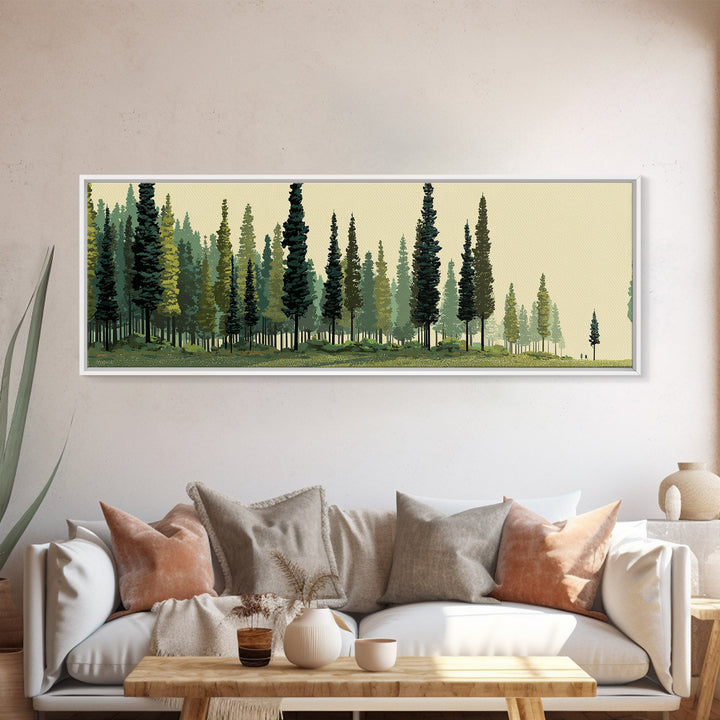Misty Evergreen Forest Panorama Wall Art, Midcentury Modern Landscape Print, Nature Wall Decor, Large Canvas Cabin Artwork