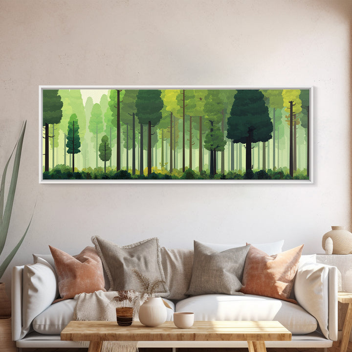 Soft Green Woodland Forest Wall Art, Midcentury Modern Nature Print, Scandinavian Modern Decor, Large Canvas Landscape Art