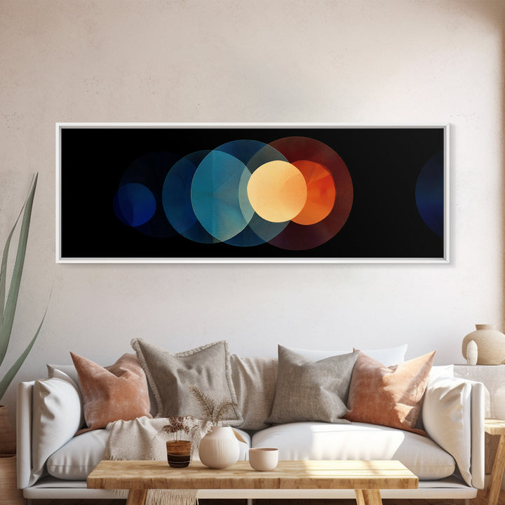 Overlapping Retro Circle Abstract Wall Art, Midcentury Modern Geometric Print, Orange Blue Black Decor, Atomic Canvas Art