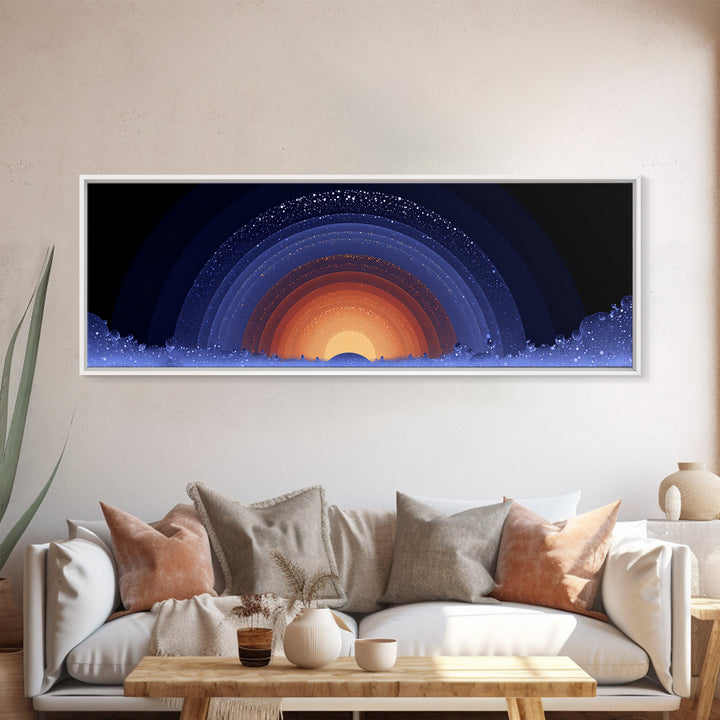Starry Cosmic Sunrise Arc Wall Art, Midcentury Modern Space Abstract Print, Orange Blue Galaxy Decor, Retro Canvas Poster