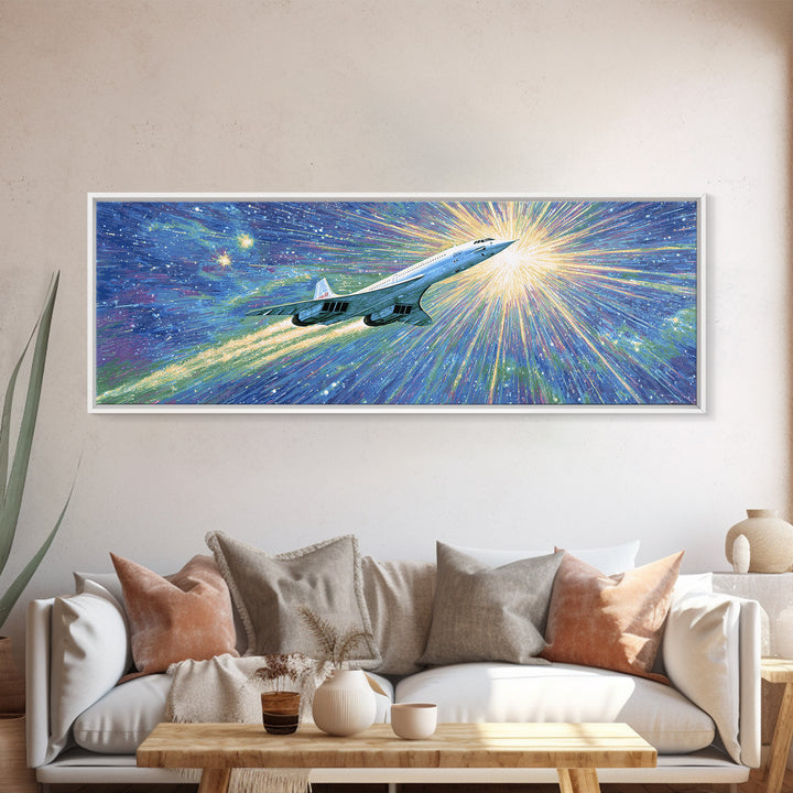 Supersonic Jet In Cosmic Starburst Canvas Print, Retro Sci Fi Wall Decor, Midcentury Modern Art, Space Poster Gift, Home Office Decor