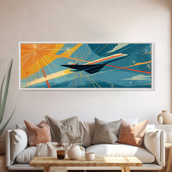 Jetliner Over Geometric Sunburst Canvas Print, Midcentury Modern Wall Decor, Retro Travel Poster, Atomic Aviation Art Gift