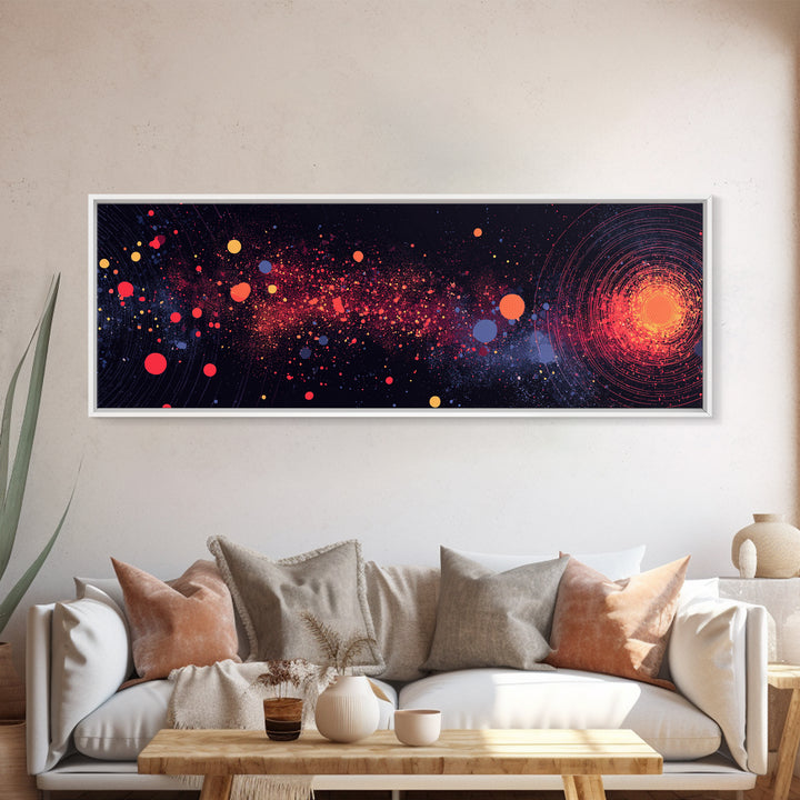 Orange Galaxy Burst With Orbiting Dots Canvas Print, Space Abstract Art, Cosmic Retro Wall Decor, Modern Art Poster, Home Decor