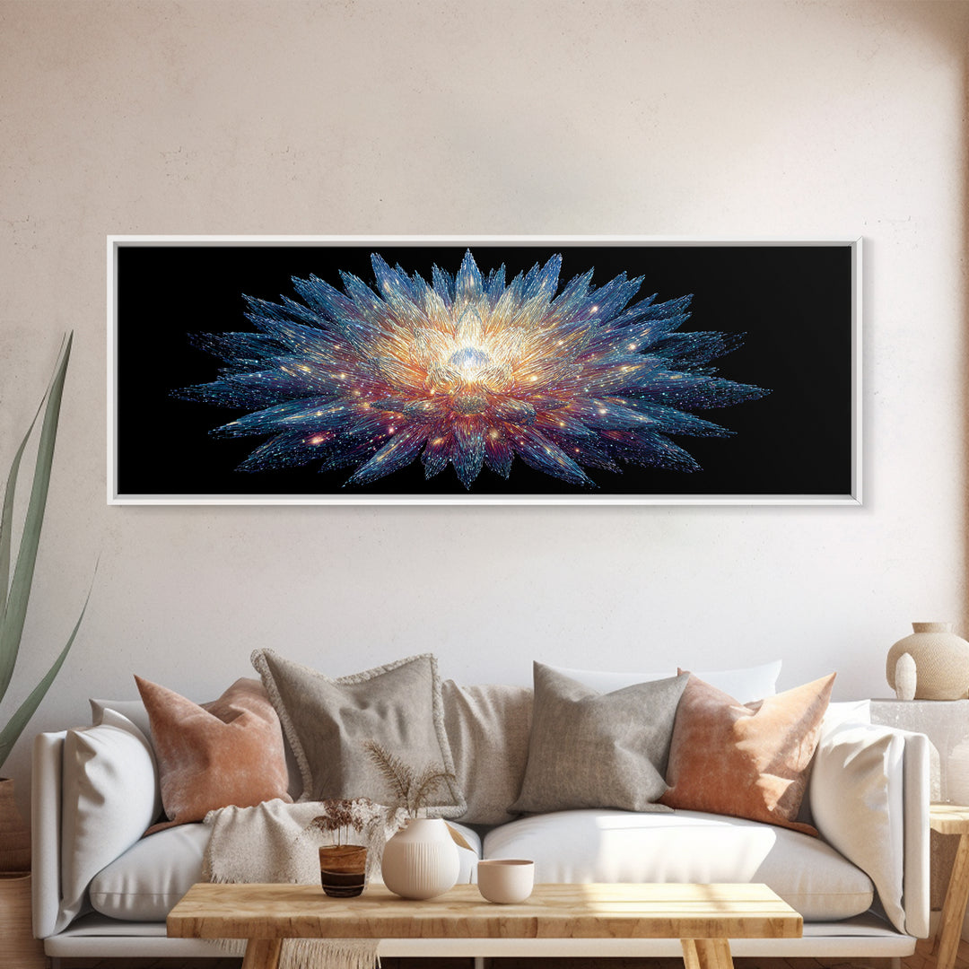 Glowing Cosmic Crystal Bloom Wall Art, Modern Abstract Art Print, Space Abstract Art, Blue Black Living Room Wall Decor Prints