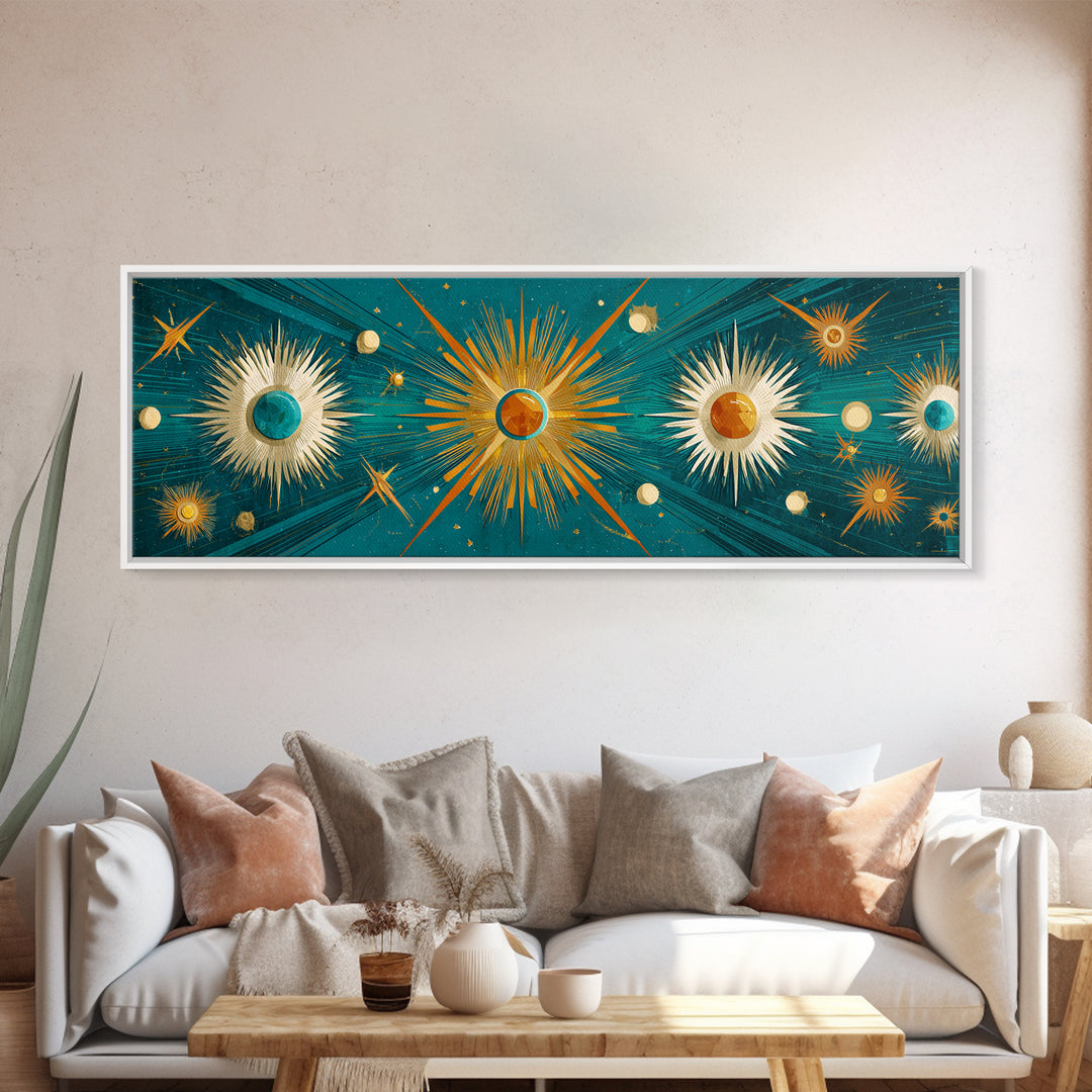Teal Gold Celestial Sunburst Planets Wall Art, Modern Abstract Art Print, Art Deco Poster, Geometric Wall Decor, MCM Home Decor
