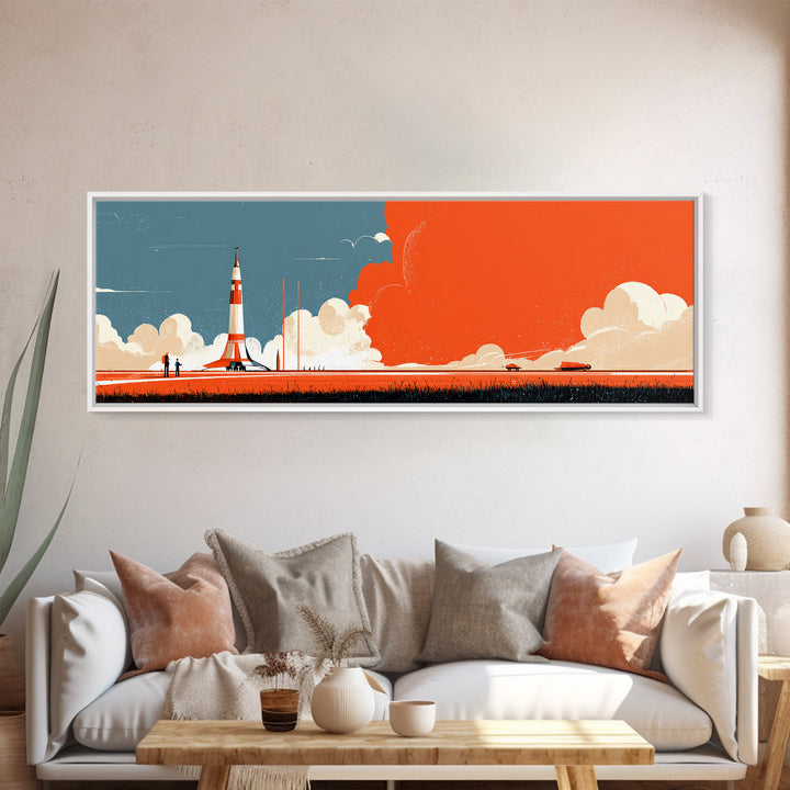 Retro Rocket Launch With Orange Smoke Wall Art, Midcentury Modern Space Poster, Atomic Sci Fi Decor, MCM Kids Room Print