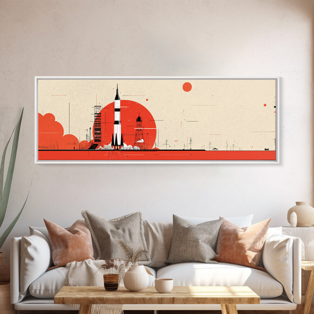 Minimal Red Rocket On Launch Pad Wall Art, Midcentury Modern Space Poster, Atomic Orange Sun Decor, Retro MCM Print Gift