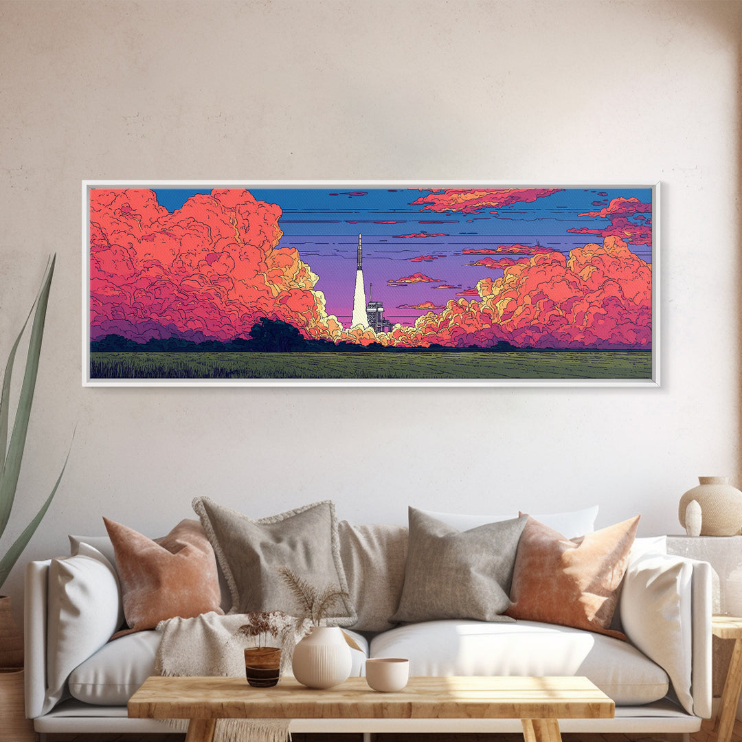 Pink Cloud Rocket Launch At Sunset Wall Art, Midcentury Modern Space Poster, Retro Sci Fi Landscape, Colorful MCM Decor Print
