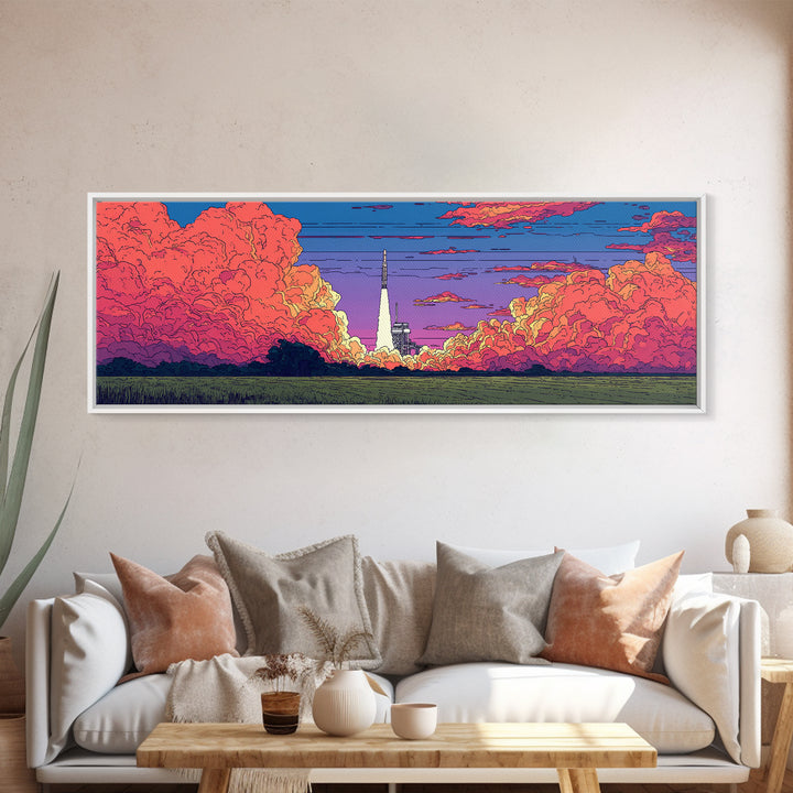 Pink Cloud Rocket Launch At Sunset Wall Art, Midcentury Modern Space Poster, Retro Sci Fi Landscape, Colorful MCM Decor Print