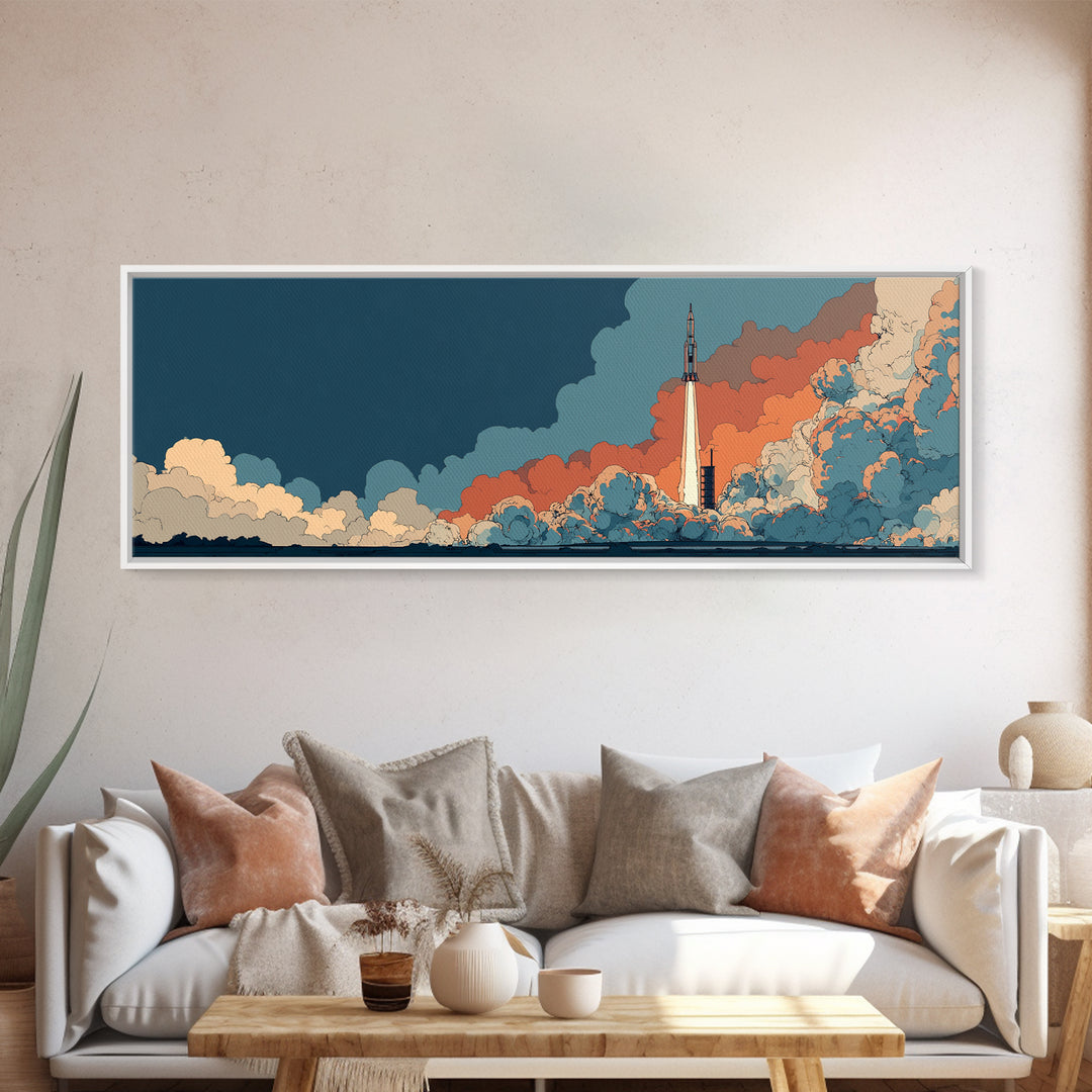 Teal Orange Rocket Rising Through Clouds Canvas Print, Midcentury Modern Space Poster, Atomic Sci Fi Decor, Retro Wall Art