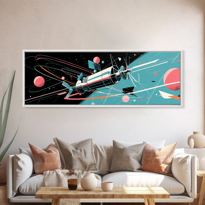 Retro Satellite With Pink Planets Wall Art, Midcentury Modern Space Poster, Atomic Sci Fi Decor, MCM Futuristic Print Gift