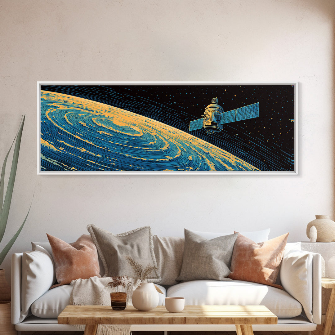 Orbiting Satellite Above Spiral Planet Canvas Print, Midcentury Modern Space Poster, Retro Sci Fi Wall Art, Atomic MCM Decor