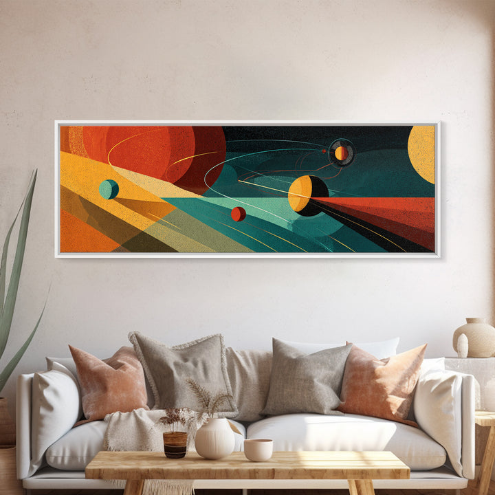 Abstract Planets With Cosmic Light Beams Wall Art, Midcentury Modern Space Poster, Retro Atomic Decor, Colorful Sci Fi Print
