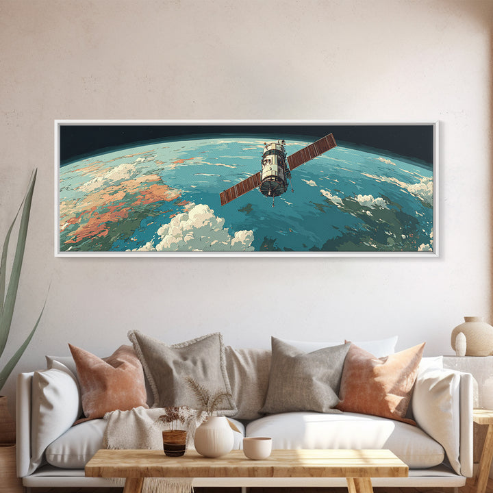 Satellite Orbiting Earth Horizon Framed Canvas Print, Midcentury Modern Space Poster, Retro Sci Fi Wall Art, MCM Decor Gift