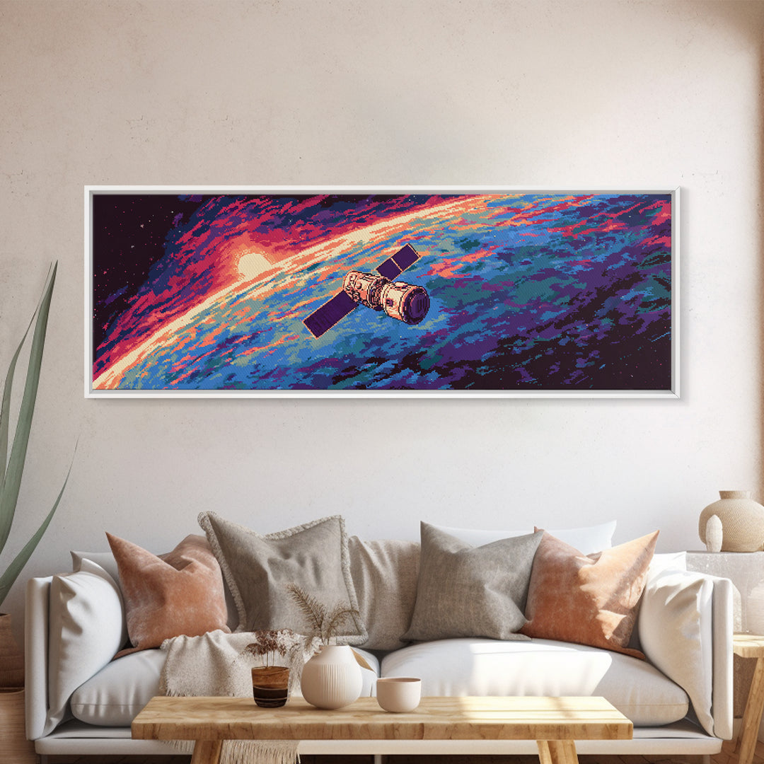 Retro Satellite Over Earth Sunrise Wall Art, Panoramic Sci Fi Space Poster, Midcentury Modern Decor, Large Canvas Print Gift