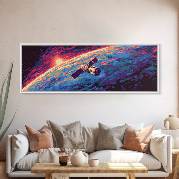 Retro Satellite Over Earth Sunrise Wall Art, Panoramic Sci Fi Space Poster, Midcentury Modern Decor, Large Canvas Print Gift
