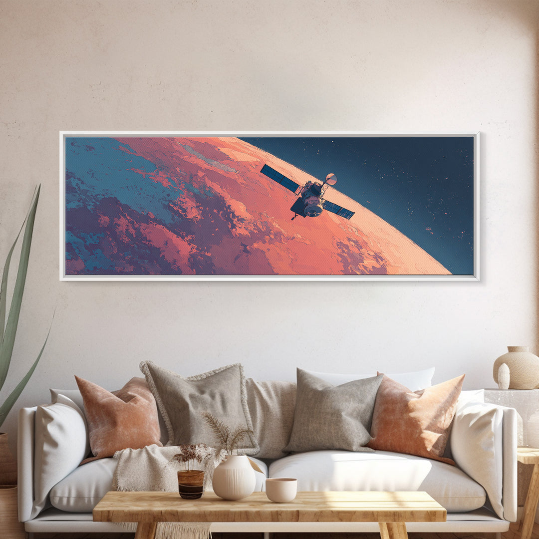 Peach Planet Orbit Satellite Canvas Print, Retro Sci Fi Space Wall Art, Midcentury Modern Poster, Office Decor Gift For Him