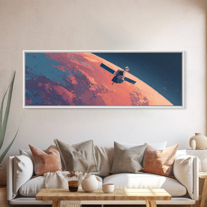 Peach Planet Orbit Satellite Canvas Print, Retro Sci Fi Space Wall Art, Midcentury Modern Poster, Office Decor Gift For Him