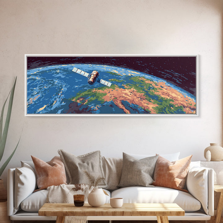 Satellite Above Blue Green Earth Wall Art, Panoramic Retro Space Poster, Midcentury Modern Art Print, Home Office Decor Gift