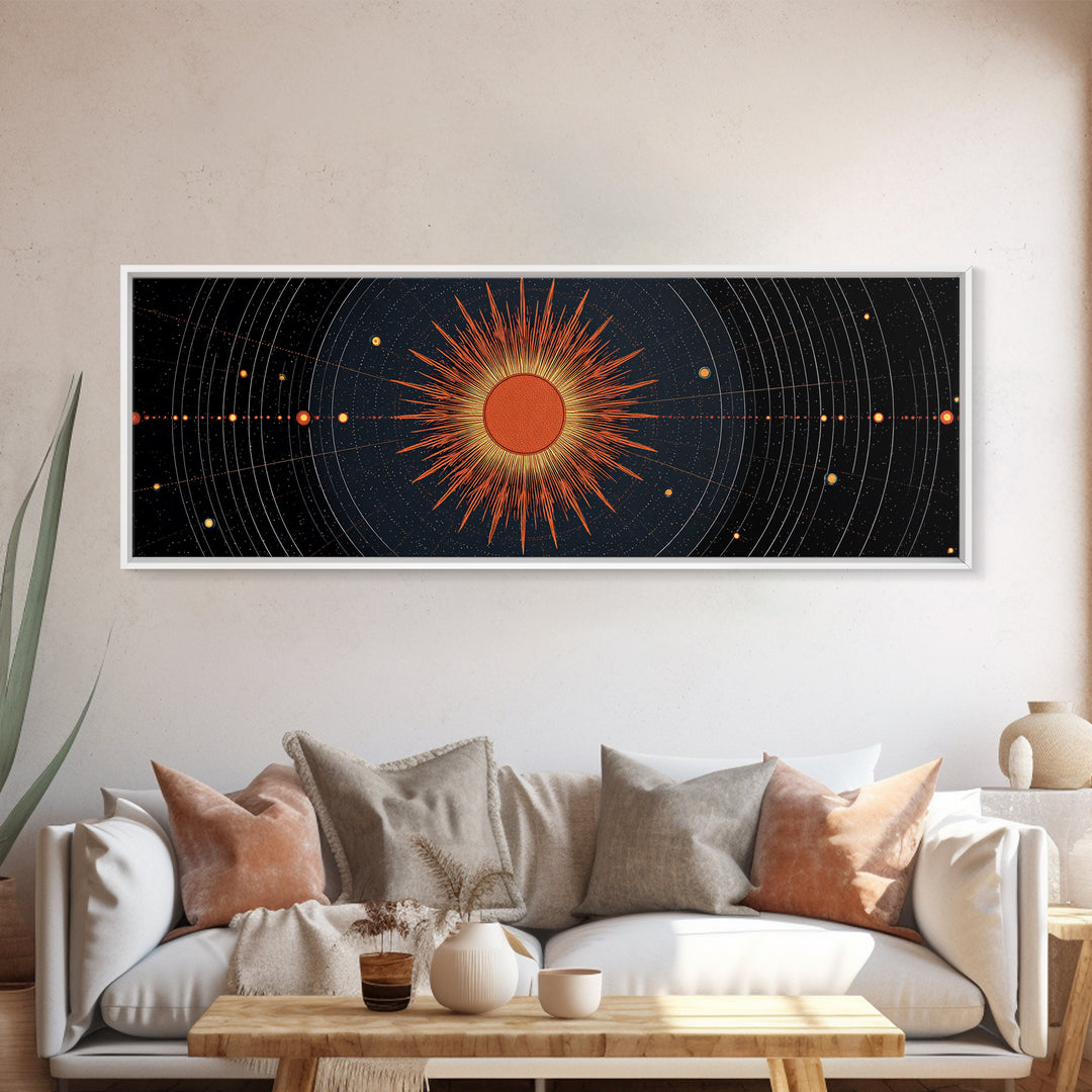 Celestial Orange Sun Orbit Diagram Wall Art, Atomic Midcentury Modern Art Poster, Geometric Space Print, Office Decor Gift