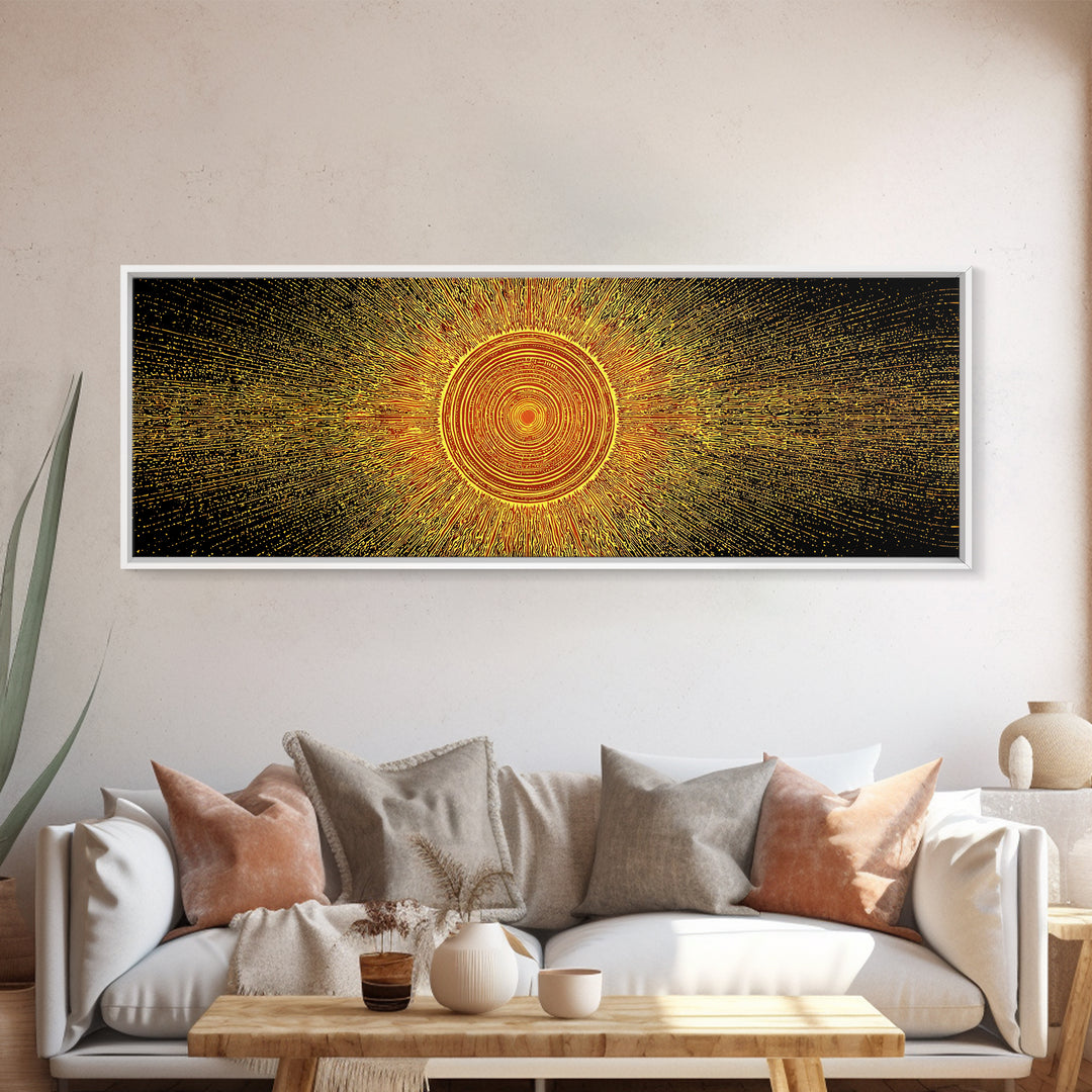 Golden Radiant Mandala Sun Canvas Print, Abstract Space Wall Art, Midcentury Modern Decor, Spiritual Geometric Poster Gift