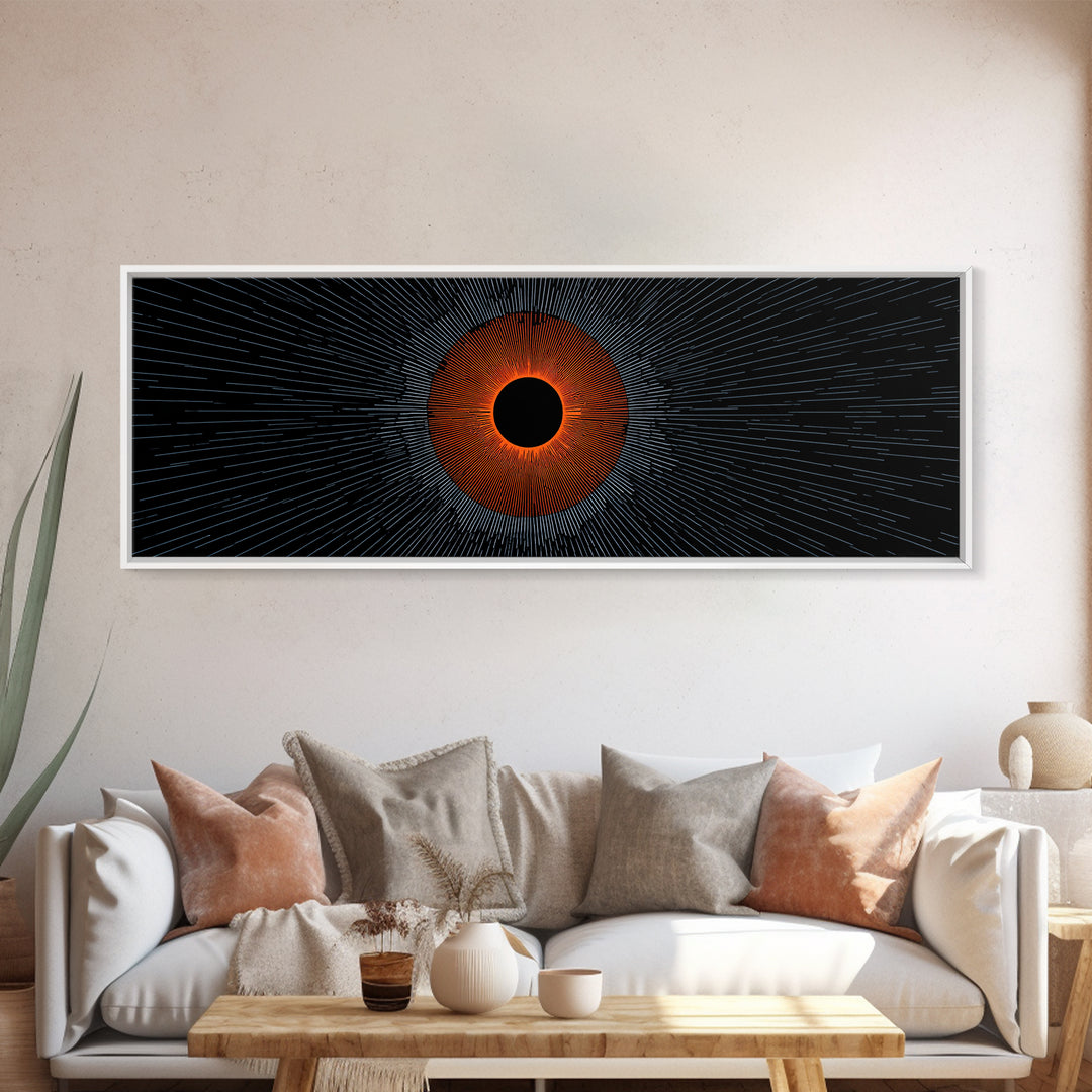 Orange Eclipse With Blue Radial Lines Wall Art, Abstract Sci Fi Space Poster, Midcentury Modern Decor, Geometric Print Gift