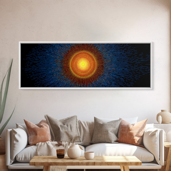 Blue And Orange Radiant Solar Burst Canvas Print, Abstract Space Wall Art, Midcentury Modern Poster, Bold Geometric Decor