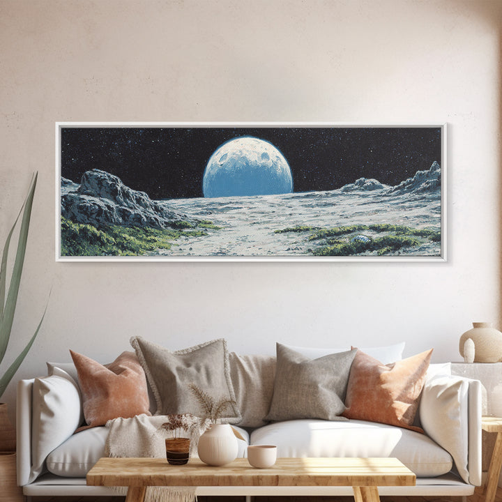 Moon Rising Over Alien Mountains Wall Art, Retro Sci Fi Landscape Poster, Midcentury Modern Decor, Scenic Space Art Print