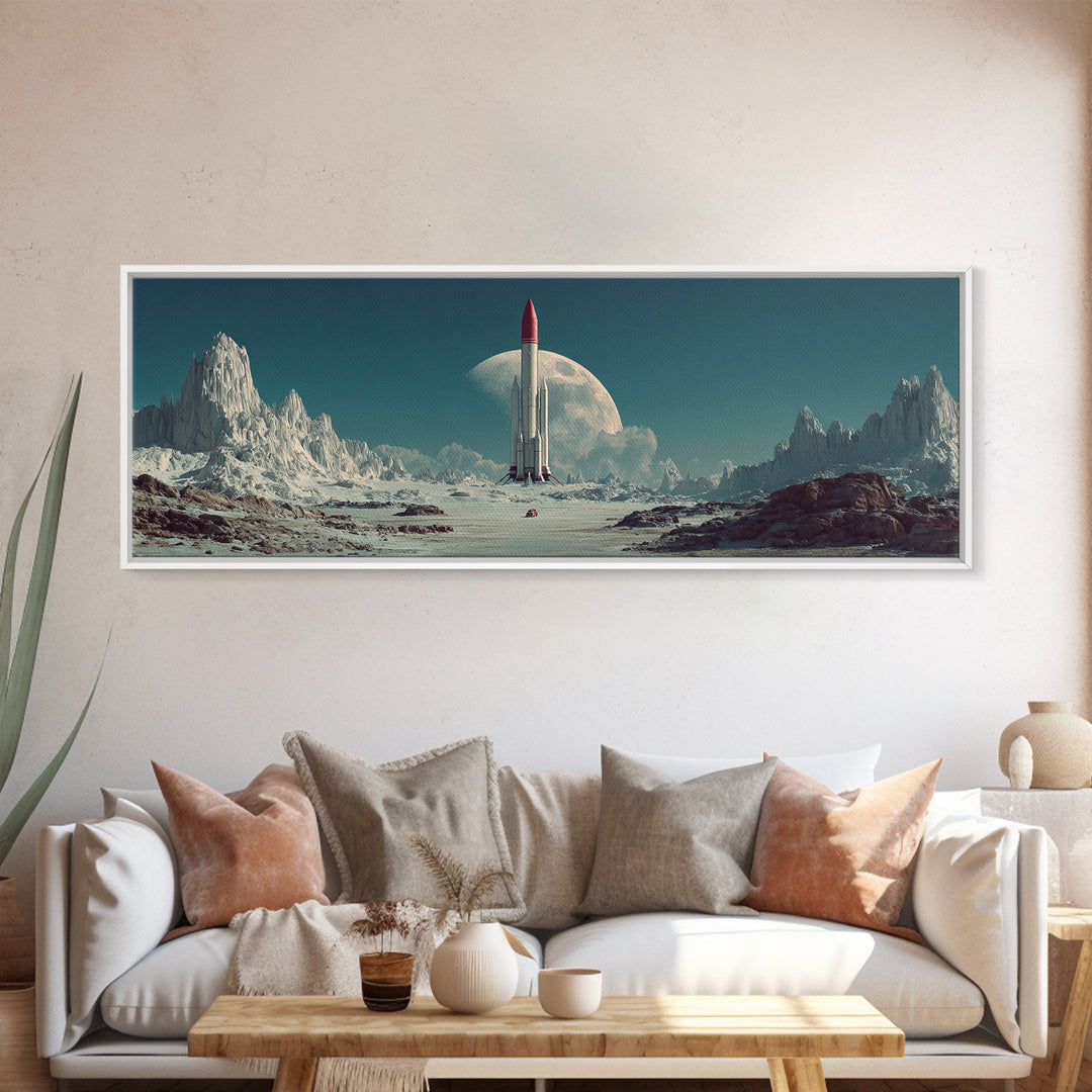 Rocket On Lunar Plain With Giant Moon Framed Canvas Print, Retro Sci Fi Wall Art, Midcentury Modern Space Poster Decor Gift
