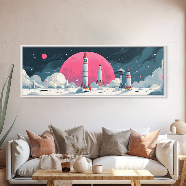 Pink Moon Rocket Base Wall Art, Retro Sci Fi Space Poster, Midcentury Modern Art Print, Lunar Nursery Decor, MCM Wall Decor