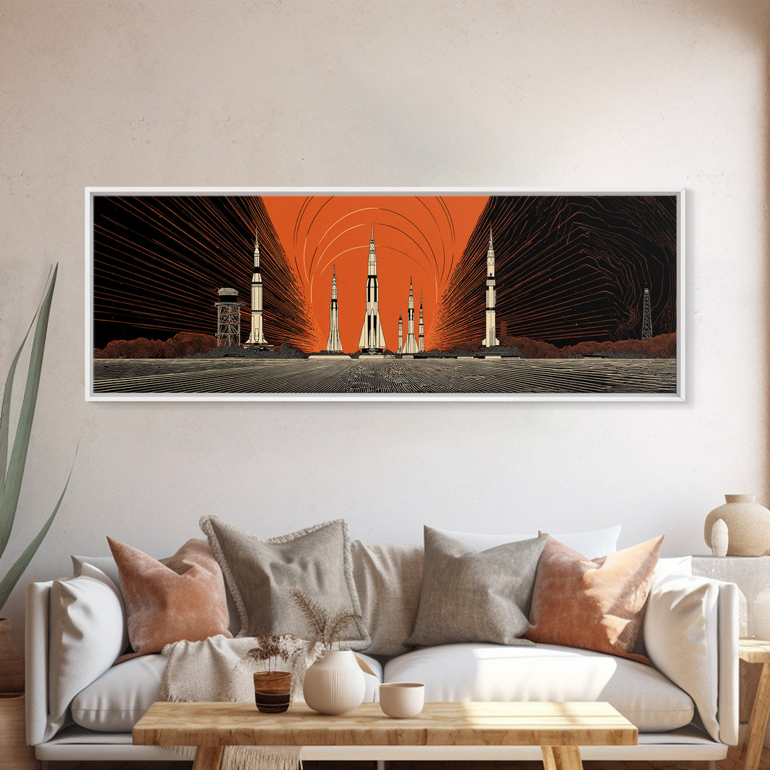 Orange Spaceport Rockets Framed Canvas Print, Midcentury Modern Wall Art, Retro Sci Fi Poster, Atomic MCM Wall Decor, Modern Home Decor