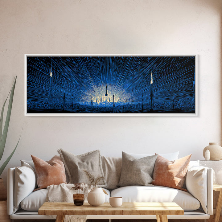 Blue Rocket Launch Wall Art, Radiant Sci Fi Space Poster, Midcentury Modern Art Print, Retro Futuristic Office Decor For Home