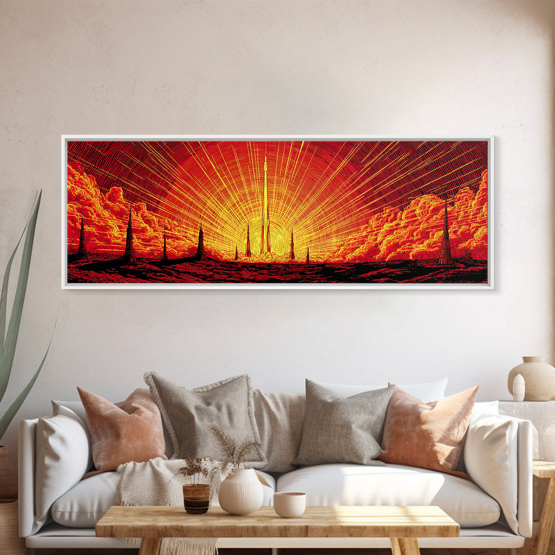 Fiery Rocket Silhouette Canvas Print, Orange Sunburst Space Poster, Midcentury Modern Wall Art, Retro Sci Fi MCM Home Decor