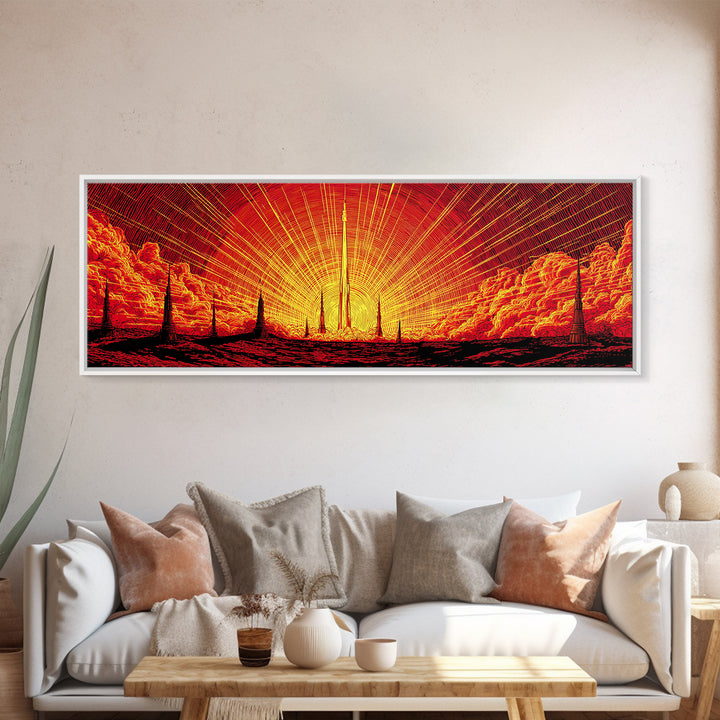 Fiery Rocket Silhouette Canvas Print, Orange Sunburst Space Poster, Midcentury Modern Wall Art, Retro Sci Fi MCM Home Decor