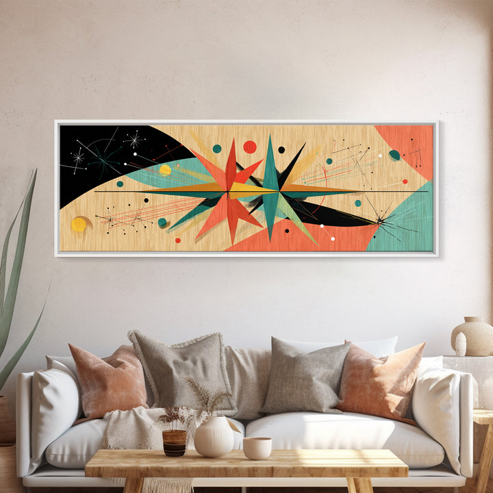 Retro Atomic Starburst On Wood Framed Canvas Print, Mid Century Modern Art, Boho Geometric Wall Decor For Office Or Den