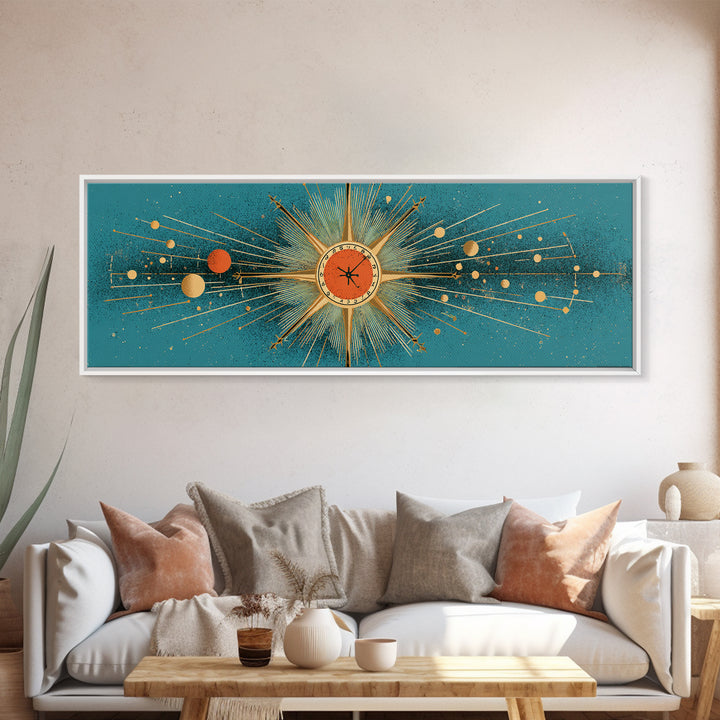 Teal Atomic Clock Sunburst Canvas Print, Mid Century Modern Wall Art, Retro Geometric Office Decor, Turquoise Mcm Print Gift
