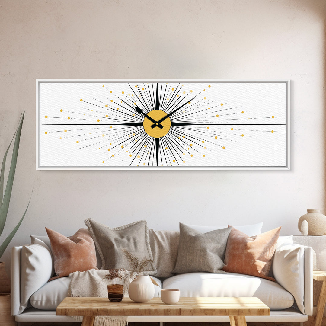 Minimal Gold Clock Starburst Wall Art, Mid Century Modern Abstract Print, Geometric Bauhaus Decor For Office, Entry, Or Den