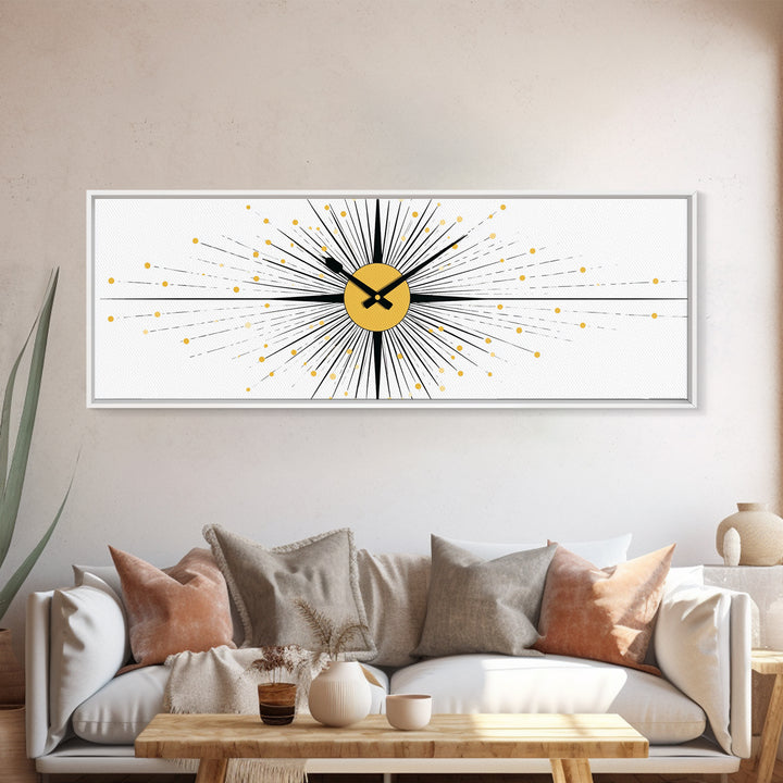 Minimal Gold Clock Starburst Wall Art, Mid Century Modern Abstract Print, Geometric Bauhaus Decor For Office, Entry, Or Den