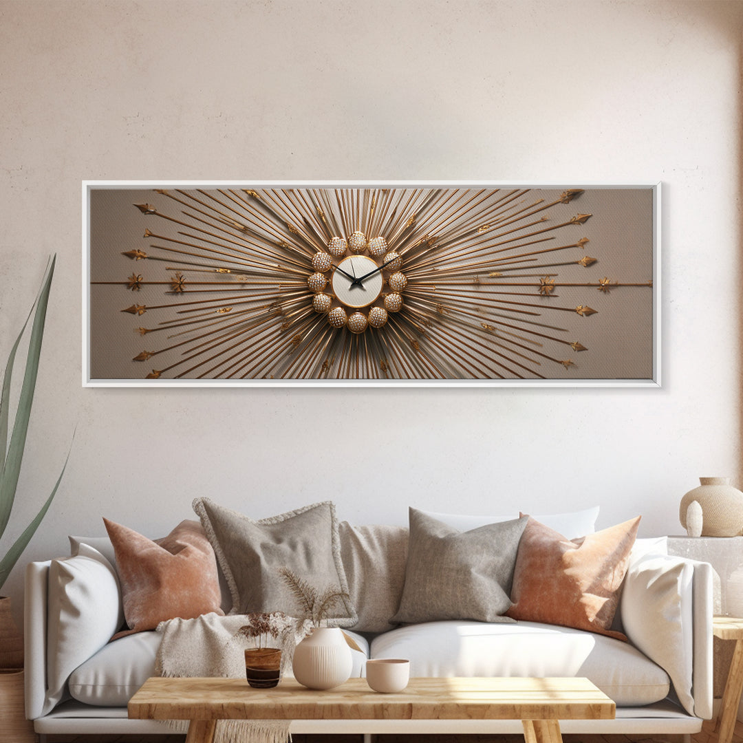 Gold Sunburst Clock Sculpture Framed Canvas Print, Mid Century Modern Wall Art, Hollywood Regency Decor For Living Room