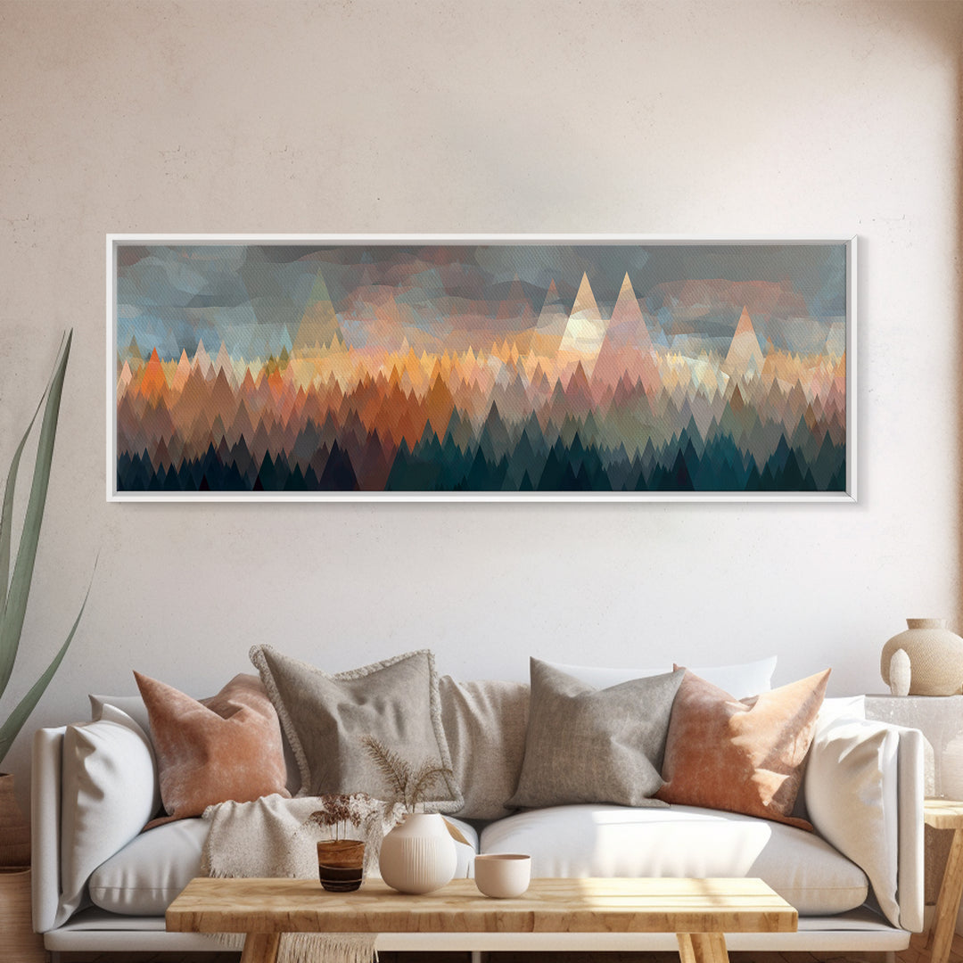 Misty Triangle Forest And Mountain Wall Art, Midcentury Modern Decor, Geometric Landscape Print, Teal Orange Home Decor Art