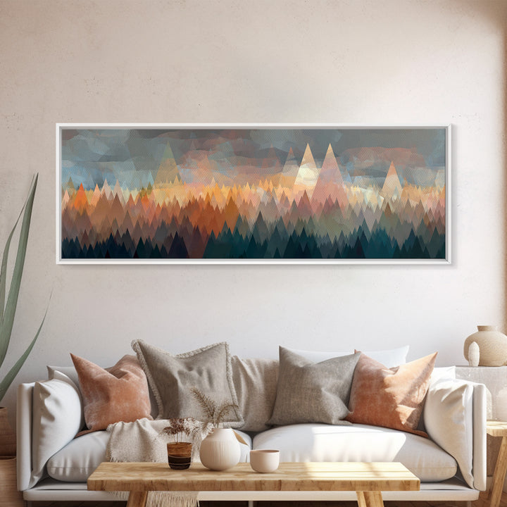 Misty Triangle Forest And Mountain Wall Art, Midcentury Modern Decor, Geometric Landscape Print, Teal Orange Home Decor Art