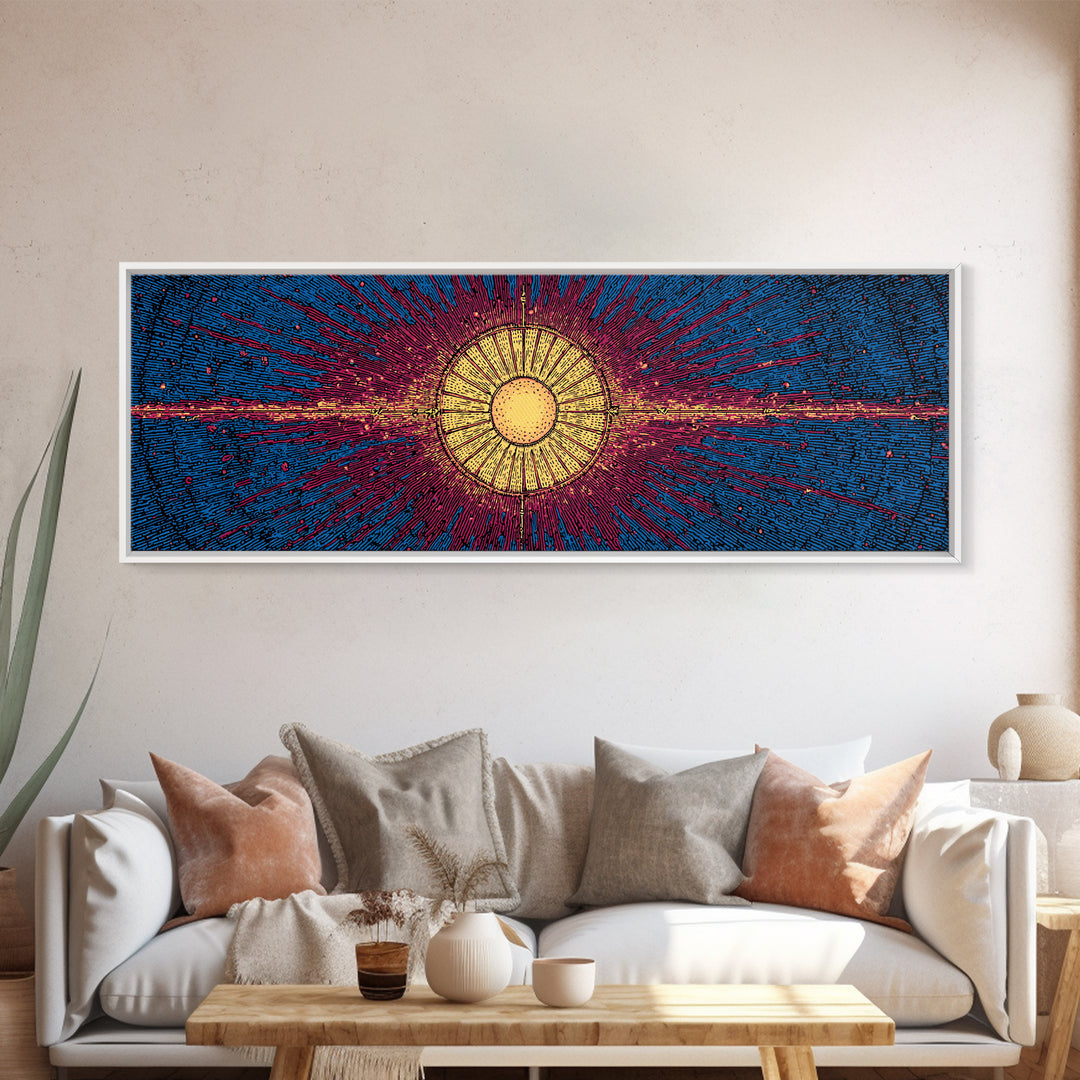 Blue Magenta Solar Burst Wall Art, Mid Century Modern Abstract Print, Cosmic Retro Decor For Living Room And Office, Wall Decor