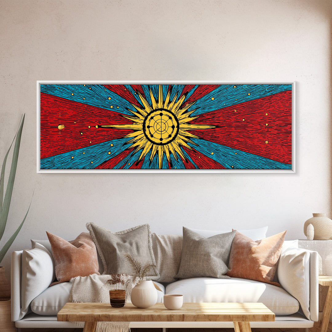 Radiant Atomic Sunburst And Orbiting Stars Canvas Print, Mid Century Modern Wall Art, Retro Space Decor, Bold MCM Poster