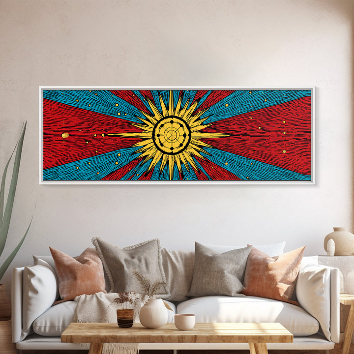 Radiant Atomic Sunburst And Orbiting Stars Canvas Print, Mid Century Modern Wall Art, Retro Space Decor, Bold MCM Poster