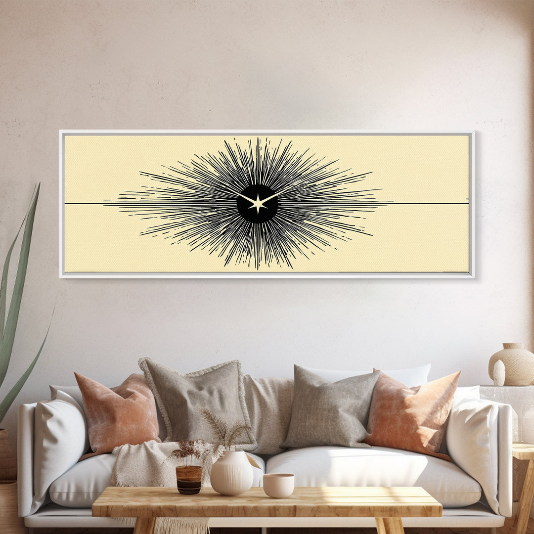 Black Starburst Atomic Eye Canvas Print, Mid Century Modern Wall Art, Minimalist Retro Poster, Beige Space Age Home Decor