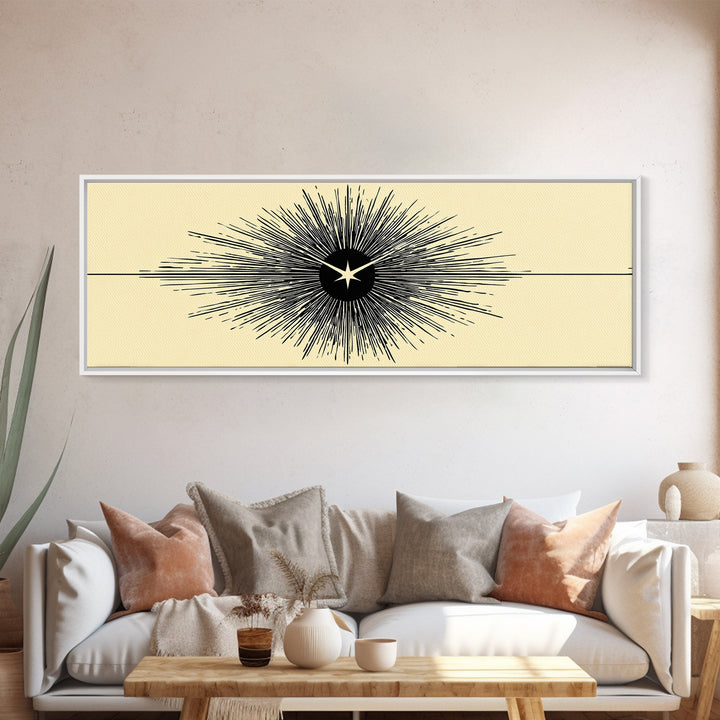 Black Starburst Atomic Eye Canvas Print, Mid Century Modern Wall Art, Minimalist Retro Poster, Beige Space Age Home Decor