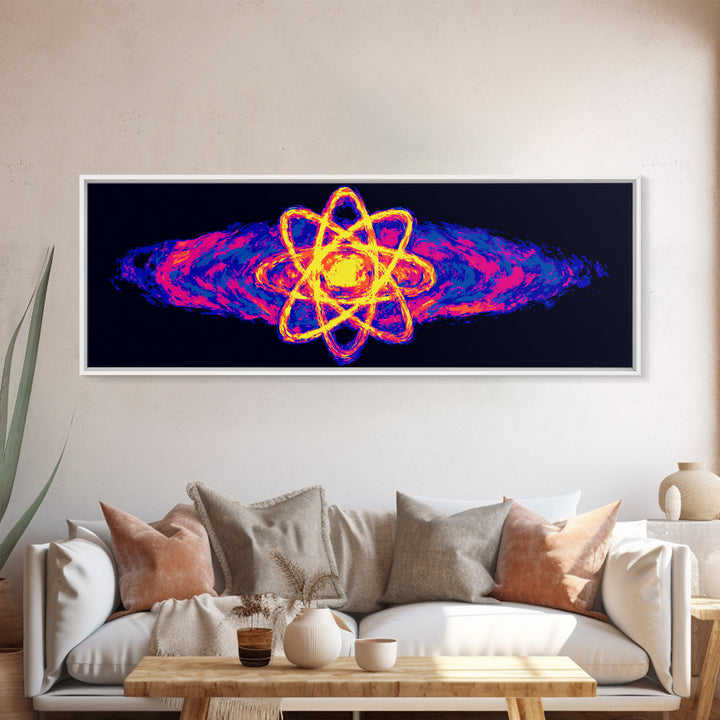 Neon Atom With Cosmic Energy Waves Canvas Print, Modern Abstract Art, Retro Sci Fi Wall Art, Colorful Space Poster, Home Decor