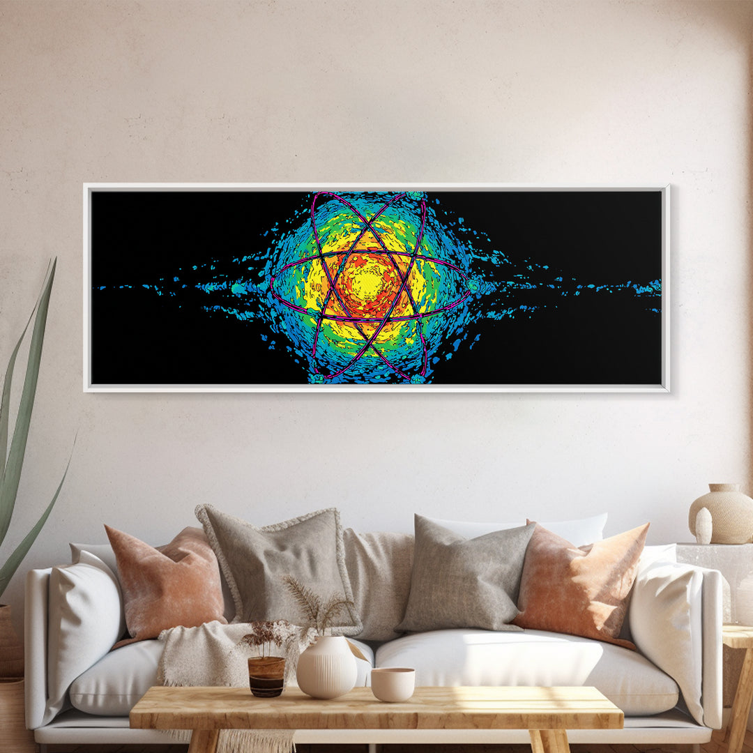 Glowing Yellow Atom And Blue Particle Waves Canvas Print, Midcentury Modern Wall Art, Retro Science Poster, Space Decor Art