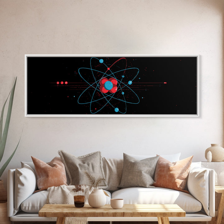 Red And Blue Atomic Orbit Diagram Canvas Print, Mid Century Modern Wall Art, Minimalist Science Poster, Space Age Decor Print